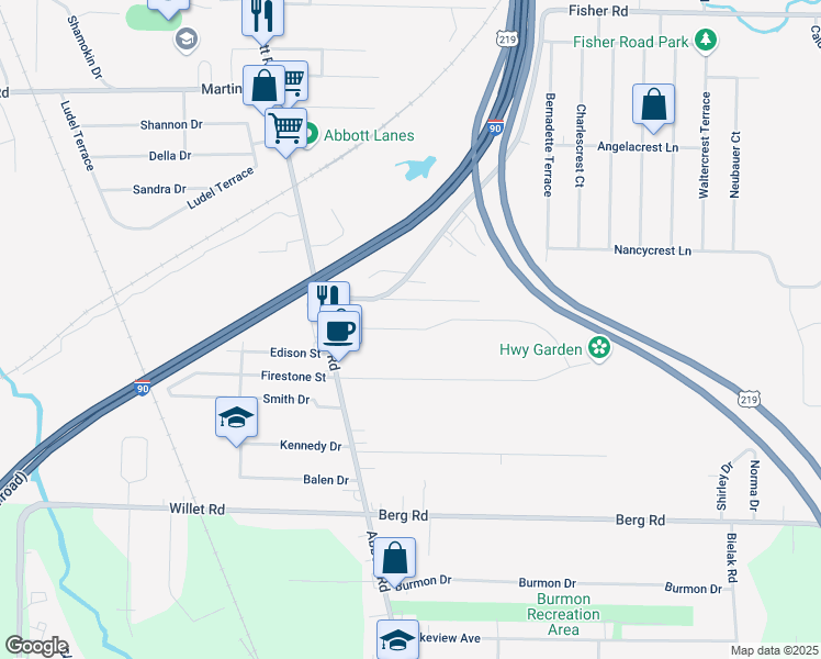 map of restaurants, bars, coffee shops, grocery stores, and more near 3 South Drive in West Seneca