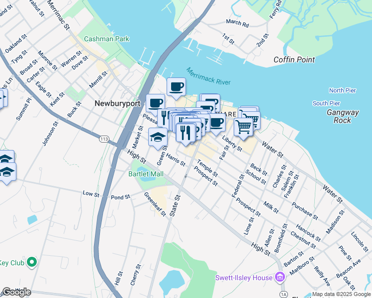 map of restaurants, bars, coffee shops, grocery stores, and more near 19-23 Pleasant Street in Newburyport
