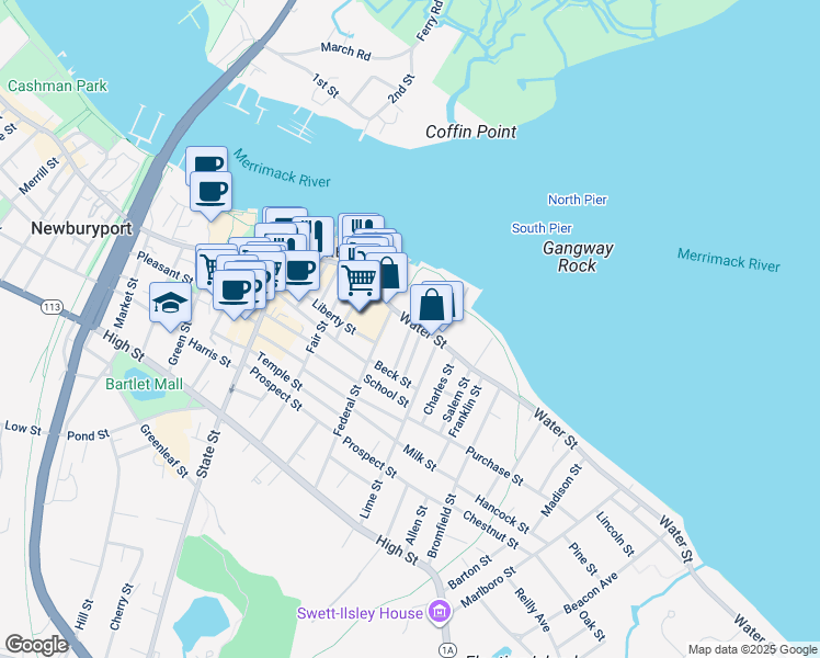 map of restaurants, bars, coffee shops, grocery stores, and more near 76 Water Street in Newburyport
