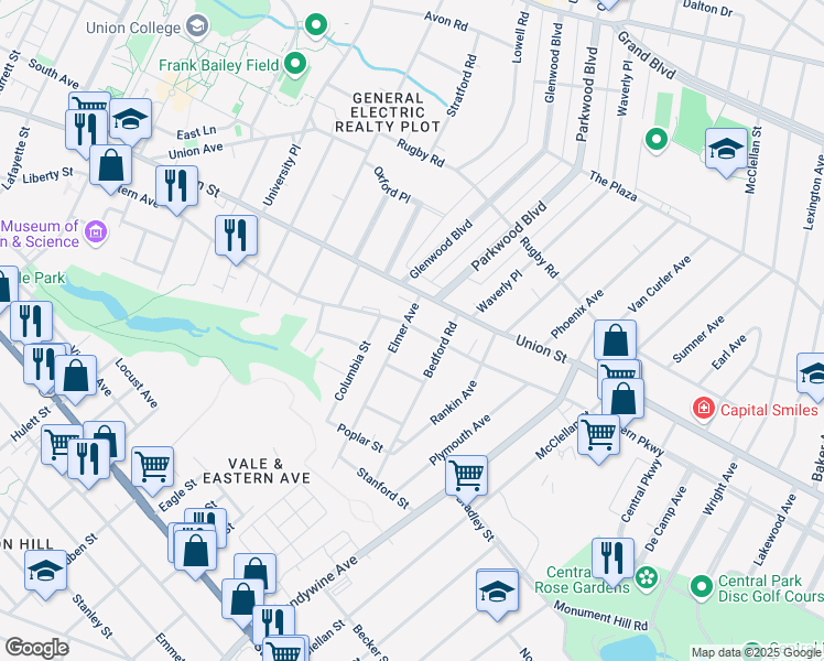 map of restaurants, bars, coffee shops, grocery stores, and more near 1028 Eastern Avenue in Schenectady
