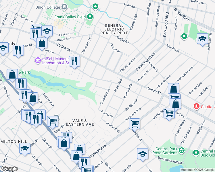 map of restaurants, bars, coffee shops, grocery stores, and more near 1016 Eastern Avenue in Schenectady