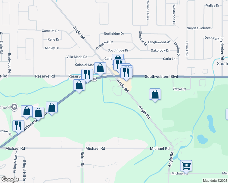 map of restaurants, bars, coffee shops, grocery stores, and more near 2766 Angle Road in Orchard Park