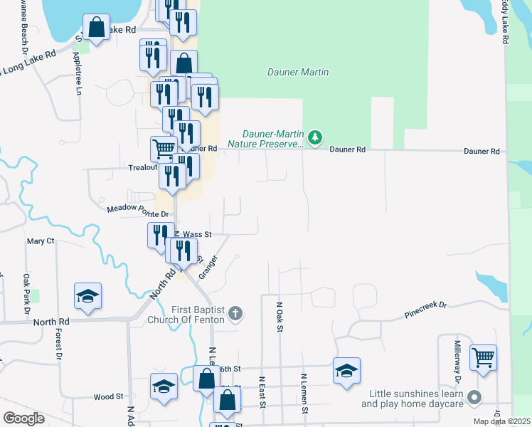 map of restaurants, bars, coffee shops, grocery stores, and more near 1120 North East Street in Fenton