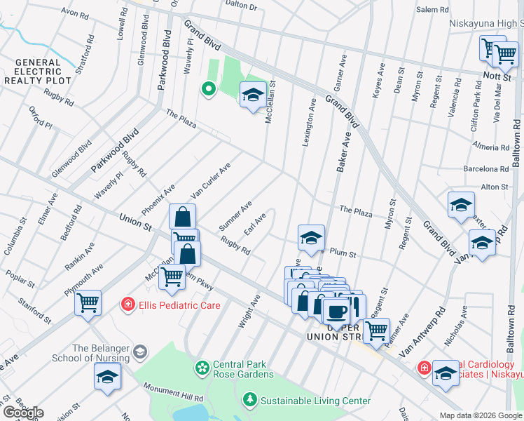 map of restaurants, bars, coffee shops, grocery stores, and more near 1155 Earl Avenue in Schenectady