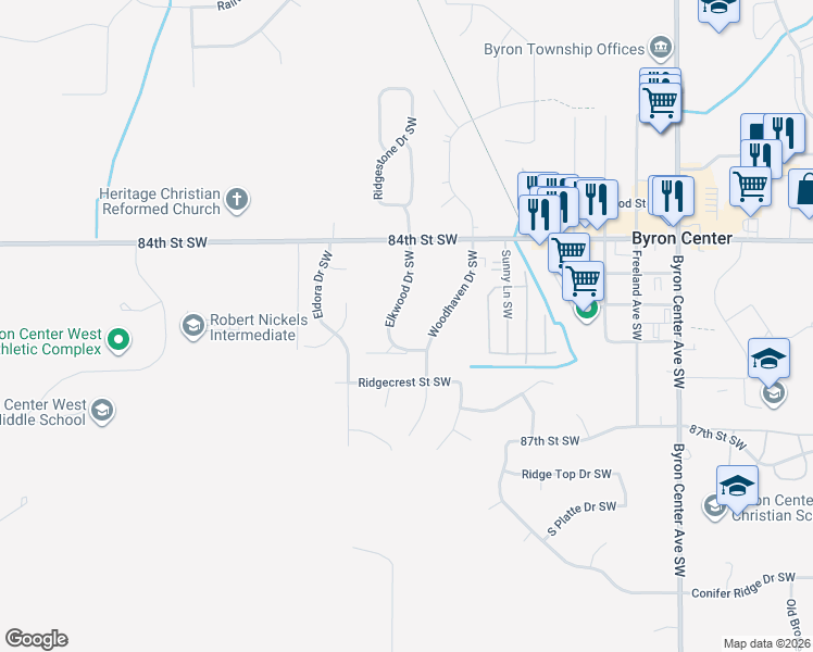 map of restaurants, bars, coffee shops, grocery stores, and more near 8562 Elkwood Drive Southwest in Byron Center