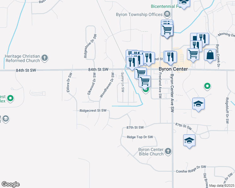 map of restaurants, bars, coffee shops, grocery stores, and more near 8548 Skyline Drive Southwest in Byron Center