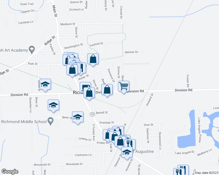 map of restaurants, bars, coffee shops, grocery stores, and more near 69010 Beebe Street in Richmond