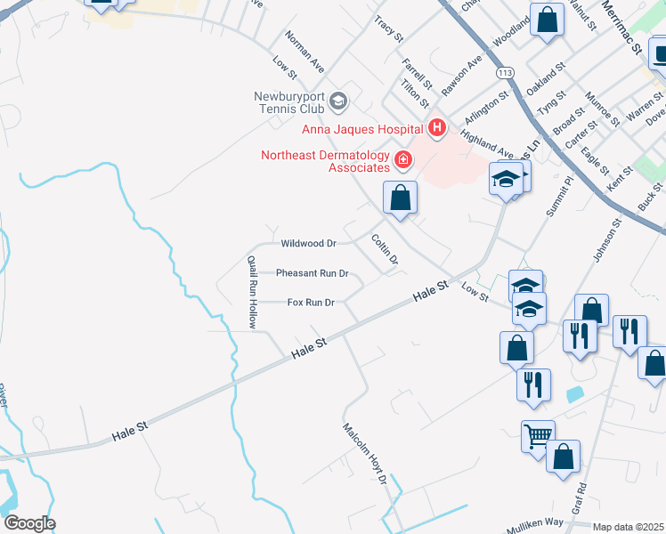 map of restaurants, bars, coffee shops, grocery stores, and more near 8 Pheasant Run Drive in Newburyport