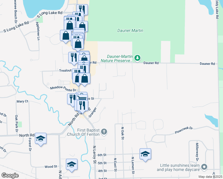 map of restaurants, bars, coffee shops, grocery stores, and more near 1120 North East Street in Fenton
