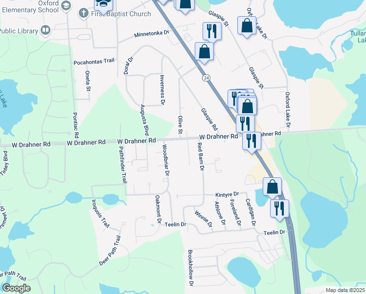 map of restaurants, bars, coffee shops, grocery stores, and more near 267 West Drahner Road in Oakland County