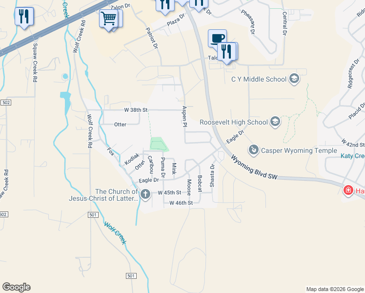 map of restaurants, bars, coffee shops, grocery stores, and more near 3523 Aspen Place in Casper