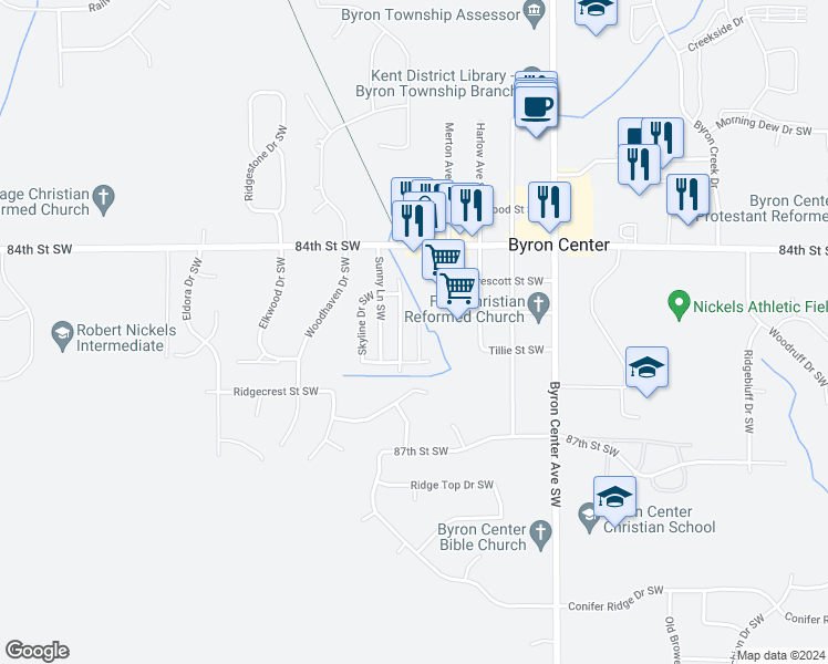 map of restaurants, bars, coffee shops, grocery stores, and more near 8575 Troy Street Southwest in Byron Center