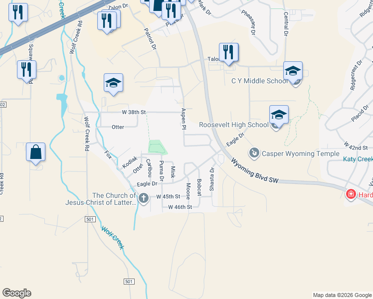 map of restaurants, bars, coffee shops, grocery stores, and more near 3523 Aspen Place in Casper