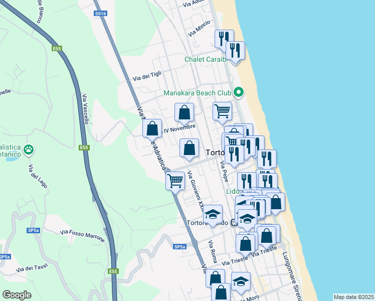 map of restaurants, bars, coffee shops, grocery stores, and more near 2 Via Corradino D'Ascanio in Tortoreto Lido