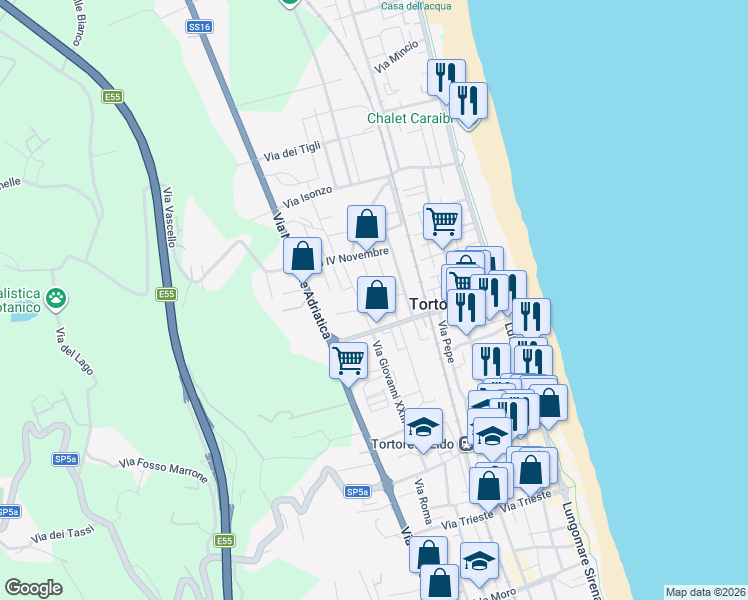 map of restaurants, bars, coffee shops, grocery stores, and more near 2 Via Corradino D'Ascanio in Tortoreto Lido