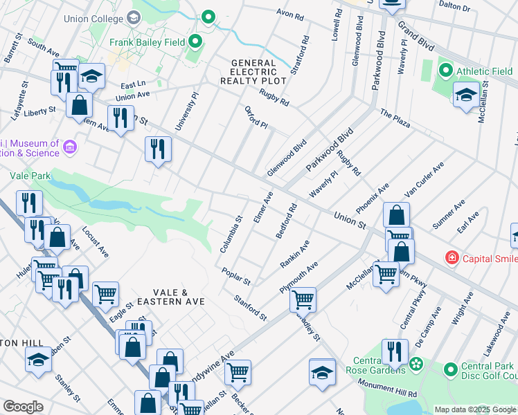 map of restaurants, bars, coffee shops, grocery stores, and more near 1028 Eastern Avenue in Schenectady