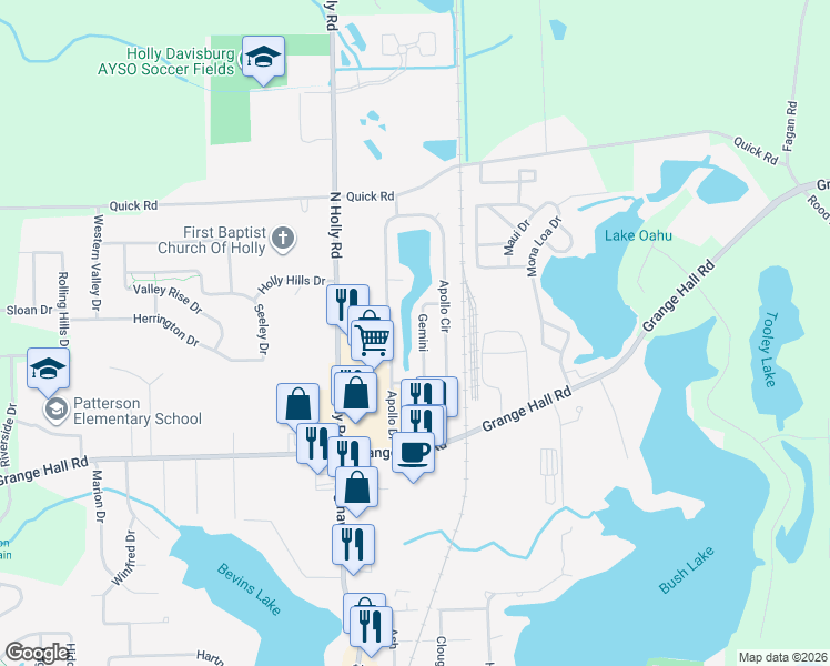 map of restaurants, bars, coffee shops, grocery stores, and more near 4041 Grange Hall Road in Holly