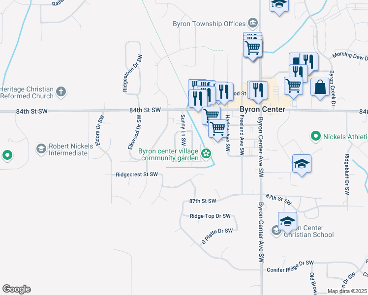 map of restaurants, bars, coffee shops, grocery stores, and more near 8545 Sunny Lane Southwest in Byron Center
