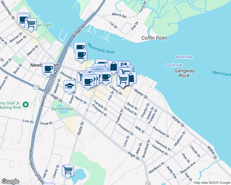 map of restaurants, bars, coffee shops, grocery stores, and more near 44 Liberty Street in Newburyport