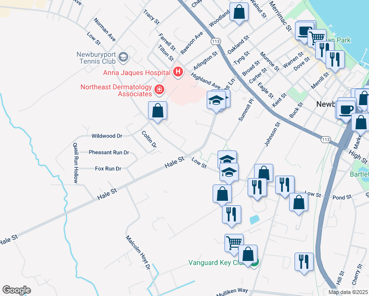 map of restaurants, bars, coffee shops, grocery stores, and more near in Newburyport
