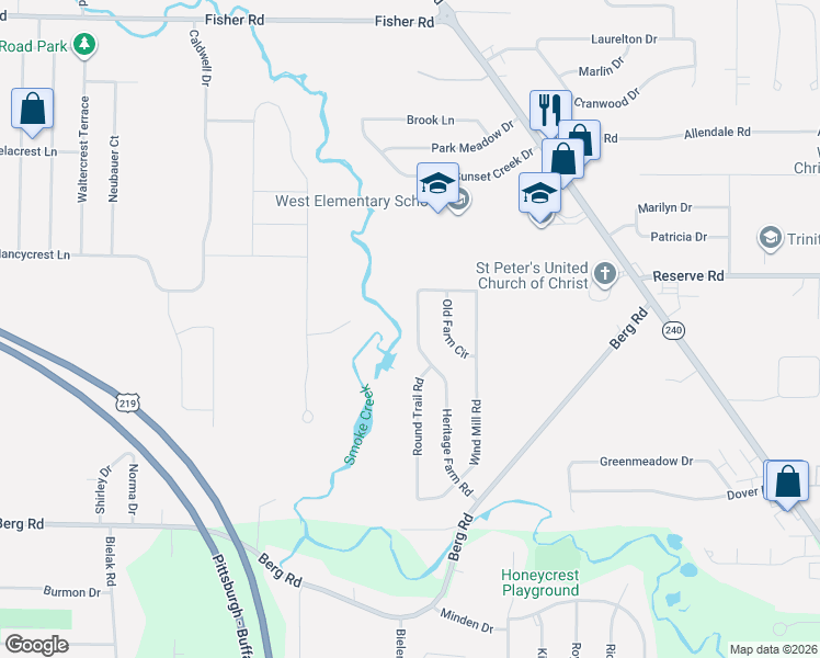 map of restaurants, bars, coffee shops, grocery stores, and more near 194 Heritage Farm Road in Buffalo