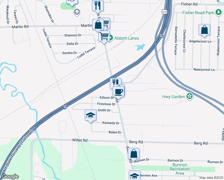 map of restaurants, bars, coffee shops, grocery stores, and more near 2015 Abbott Road in Lackawanna
