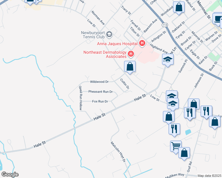 map of restaurants, bars, coffee shops, grocery stores, and more near 8 Pheasant Run Drive in Newburyport