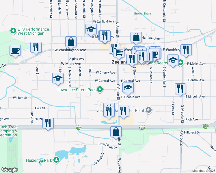 map of restaurants, bars, coffee shops, grocery stores, and more near 39 West Lawrence Avenue in Zeeland