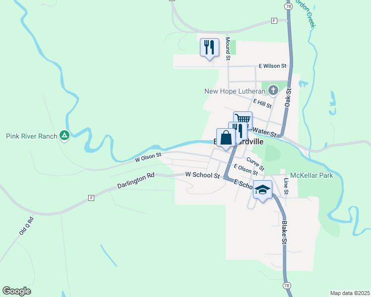 map of restaurants, bars, coffee shops, grocery stores, and more near 407 West Olson Street in Blanchardville