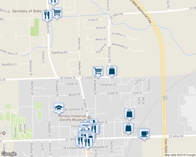 map of restaurants, bars, coffee shops, grocery stores, and more near 276 East Gates Street in Romeo