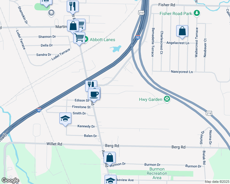 map of restaurants, bars, coffee shops, grocery stores, and more near 90 South Drive in Buffalo