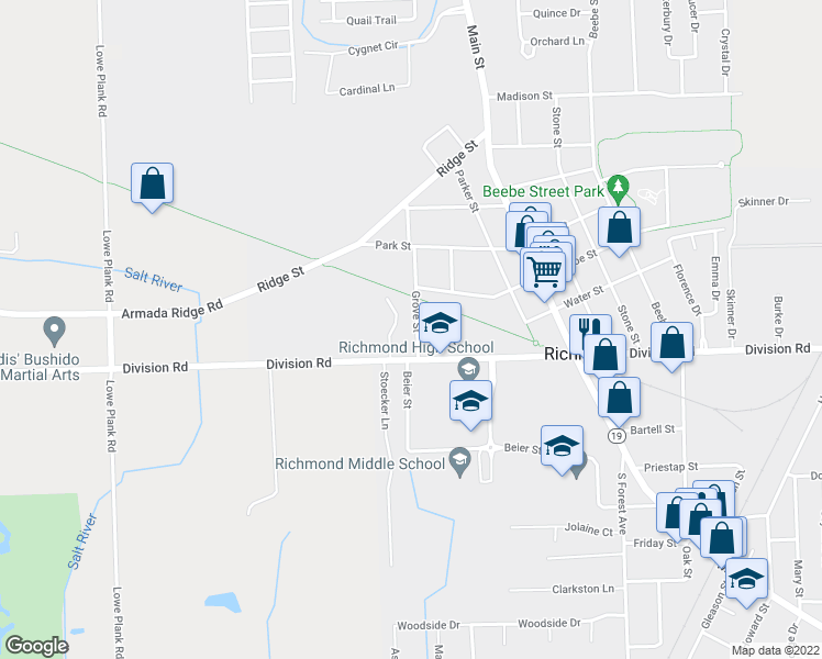 map of restaurants, bars, coffee shops, grocery stores, and more near 69053 Grove Street in Richmond