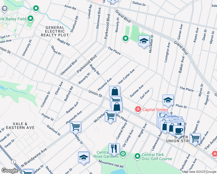 map of restaurants, bars, coffee shops, grocery stores, and more near 1490 Rugby Road in Schenectady