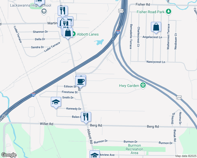 map of restaurants, bars, coffee shops, grocery stores, and more near 90 South Drive in Buffalo