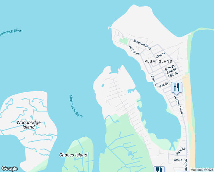 map of restaurants, bars, coffee shops, grocery stores, and more near 7 O Street in Newburyport
