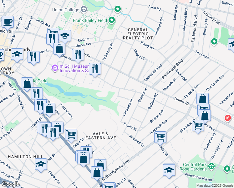 map of restaurants, bars, coffee shops, grocery stores, and more near 1 Whitehall Place in Schenectady