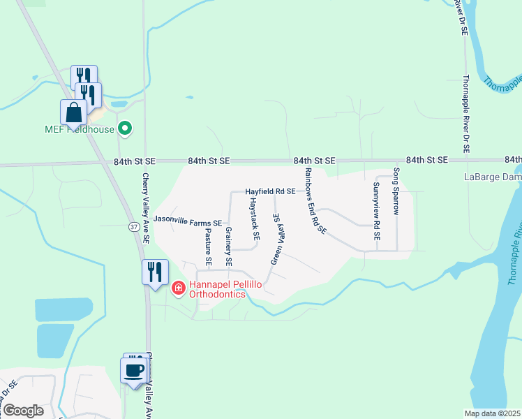 map of restaurants, bars, coffee shops, grocery stores, and more near 8524 Haystack SE in Caledonia