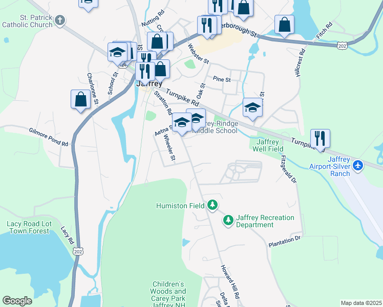 map of restaurants, bars, coffee shops, grocery stores, and more near 75 Stratton Road in Jaffrey