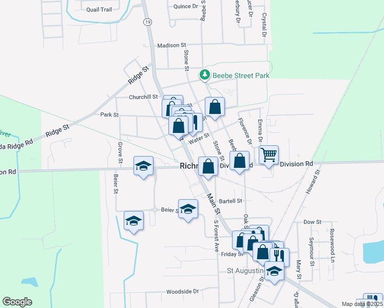 map of restaurants, bars, coffee shops, grocery stores, and more near 69050 Main Street in Richmond