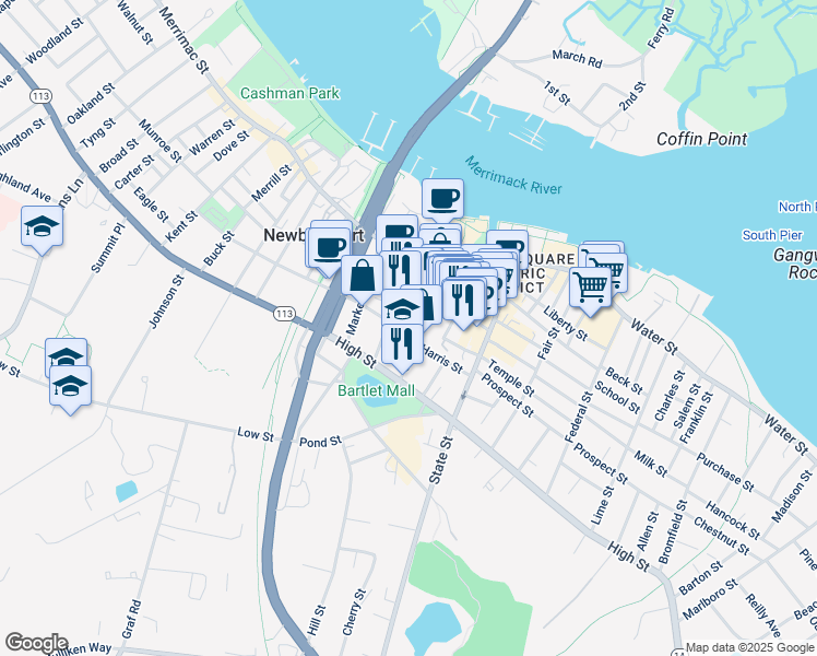 map of restaurants, bars, coffee shops, grocery stores, and more near 2 Washington Street in Newburyport