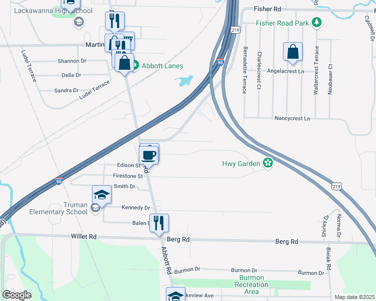 map of restaurants, bars, coffee shops, grocery stores, and more near 3 South Drive in West Seneca