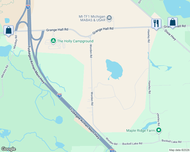 map of restaurants, bars, coffee shops, grocery stores, and more near 15181 Worden Road in Holly