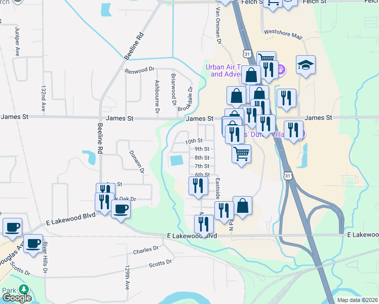 map of restaurants, bars, coffee shops, grocery stores, and more near 9th Street in Holland