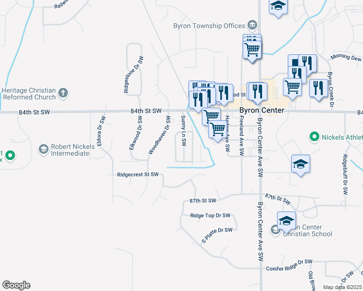 map of restaurants, bars, coffee shops, grocery stores, and more near 8545 Sunny Lane Southwest in Byron Center