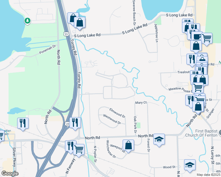 map of restaurants, bars, coffee shops, grocery stores, and more near 421 Georgetown Parkway in Fenton