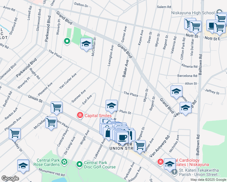 map of restaurants, bars, coffee shops, grocery stores, and more near 1906 The Plaza in Schenectady