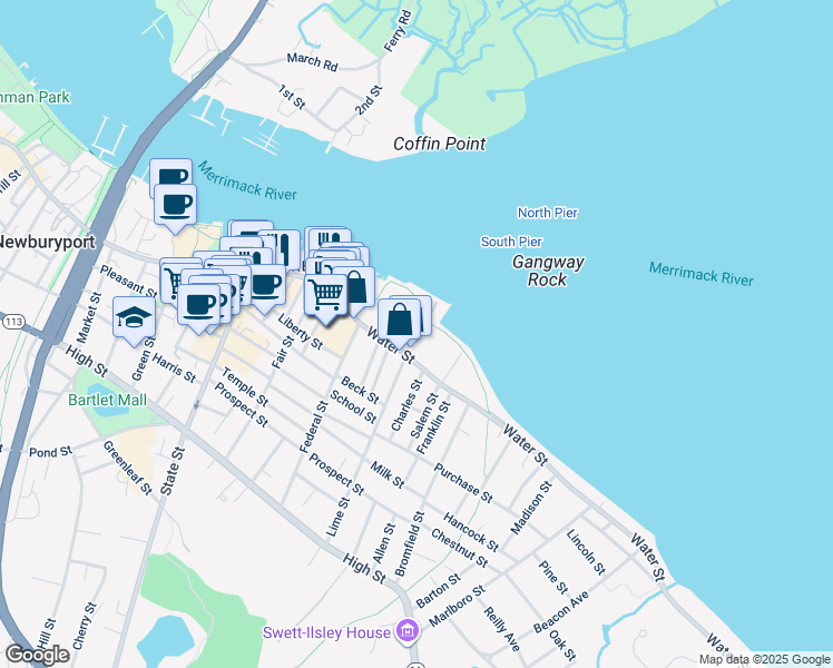 map of restaurants, bars, coffee shops, grocery stores, and more near 115R Water Street in Newburyport