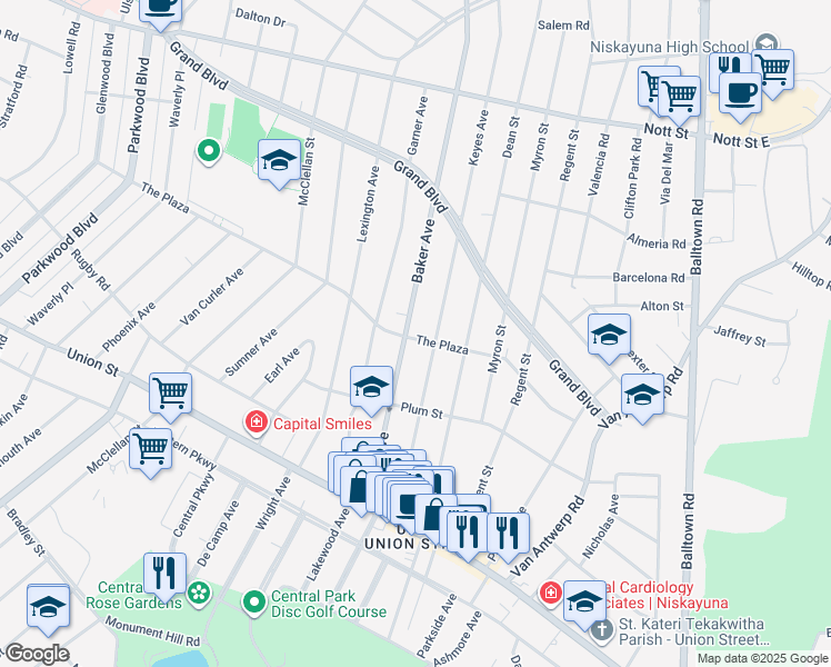 map of restaurants, bars, coffee shops, grocery stores, and more near 1955 The Plaza in Schenectady