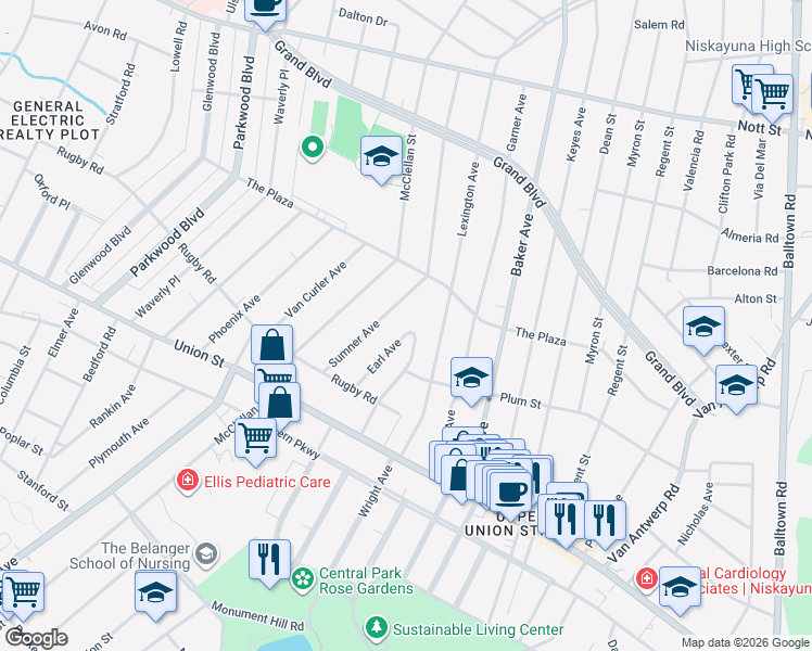 map of restaurants, bars, coffee shops, grocery stores, and more near 1155 Earl Avenue in Schenectady