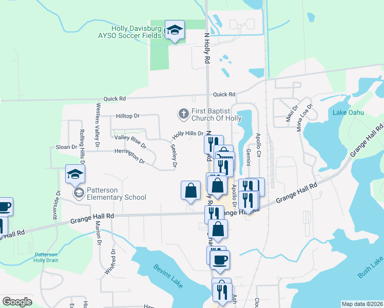 map of restaurants, bars, coffee shops, grocery stores, and more near 15140 North Holly Road in Holly